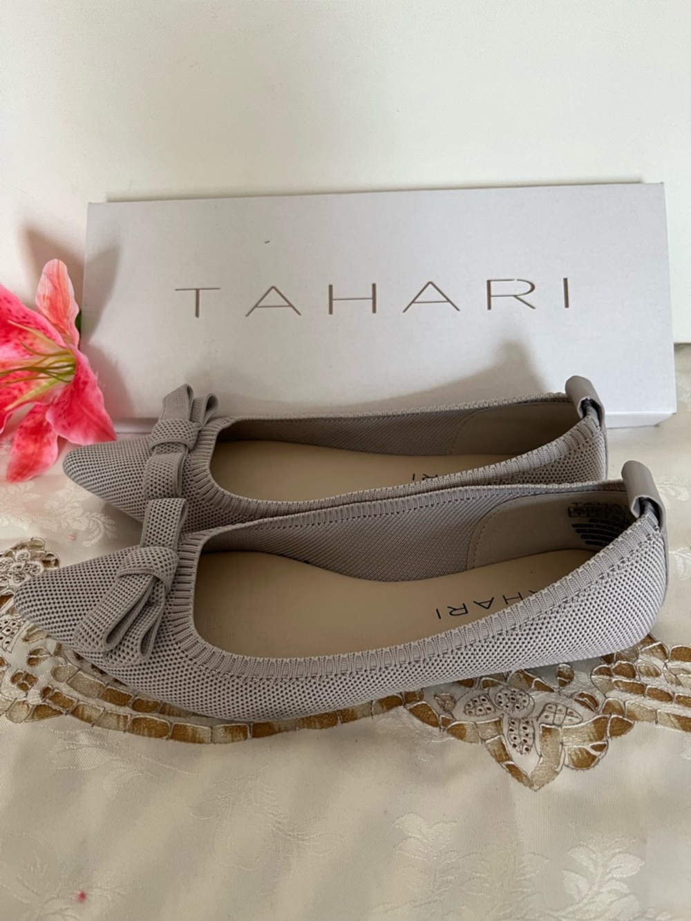 Tahari Pointed Bow Knit Flats in Taupe - Picture 4 of 5